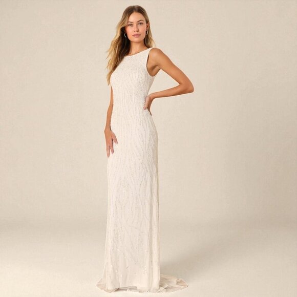Lulus Glamourous Ever After White Sequin Beaded Backless Maxi Dress Size Small - Picture 1 of 11